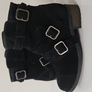 UGG Finney Black Leather Suede Triple Buckle Moto Boots - Biker Ankle Boot Sz 6
